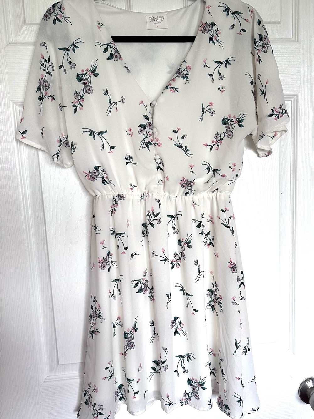 Sienna Sky White Mini Dress with Pink & Green Floral Print